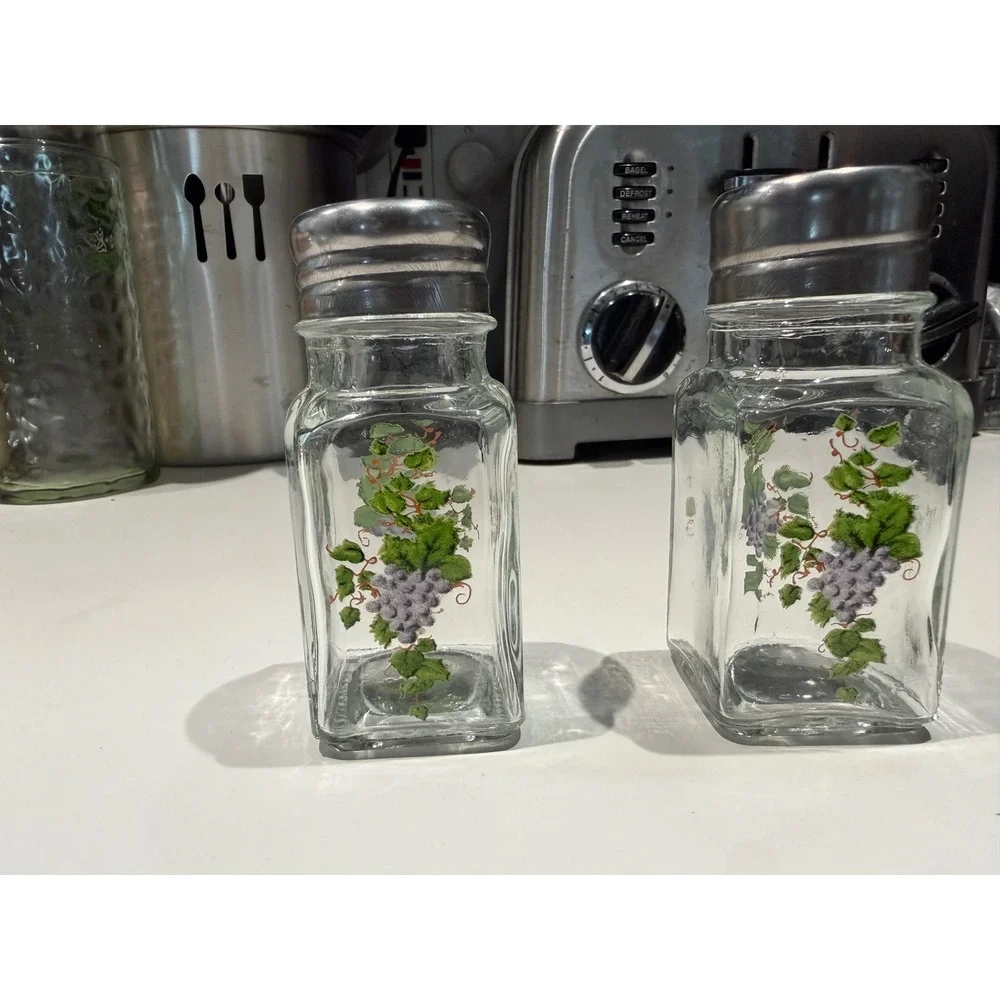 Vintage Glass Salt and Pepper Shakers Set Purple Grape Vine Stainless Steel Lids